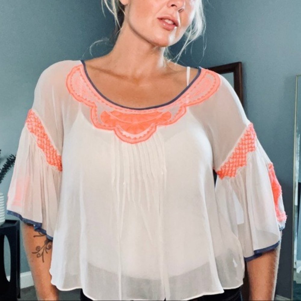 Plenty by Tracy Reese 100% Silk Sheer & Neon Embroidery Bell Sleeve